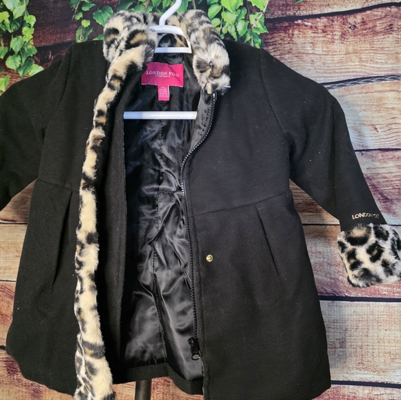 London Fog Black Coat with Leopard Accents - Picture 2 of 4